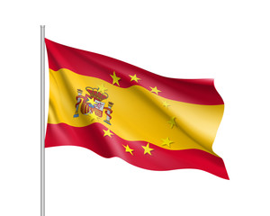 Spain national waving flag with a circle of European Union twelve gold stars, solidarity and harmony with EU, member since 1 January 1986.Realistic vector illustration