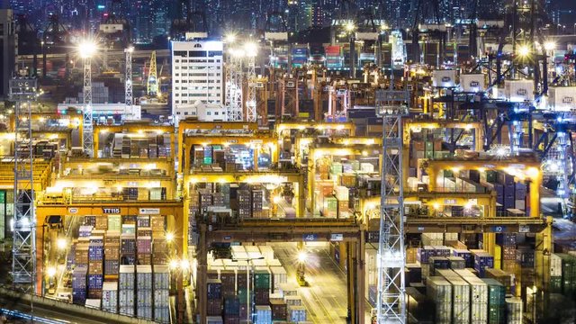 Kwai Tsing, Hong Kong, 8 June 2017 -: Containers Port Timelapse at Night in Hong Kong