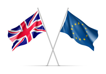 The United Kingdom and European Union waving flags on flagpole. EU sign with twelve gold stars on blue and The United Kingdom national symbol. Two flags isolated on white background