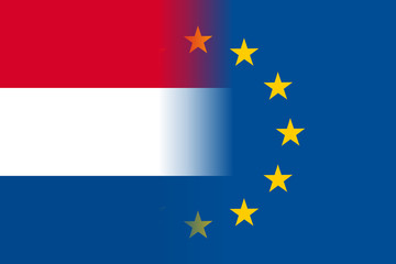 The Netherlands national flag with a flag of European Union twelve gold stars, solidarity and harmony with EU, member since 1 January 1958. Vector flat style illustration