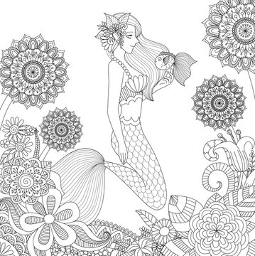 Pretty mermaid girl playing with cute fish among beautiful fantasy corals design for adult coloring book page. Vector illustration