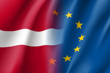 Symbol of Latvia is EU member. European Union sign with twelve gold stars on blue and Latvia national flag. Vector isolated icon