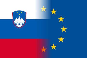 Slovenia national flag with a flag of European Union twelve gold stars, identity and unity with EU, member since 1 May 2004. Vector flat style illustration