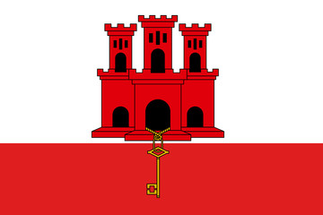 The flag of Gibraltar, white with a red stripe at the bottom, a three-towered red castle, in the middle tower hangs a gold key. Vector flat style illustration - obrazy, fototapety, plakaty