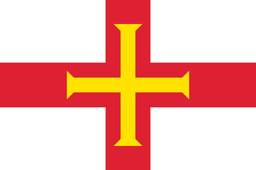 Guernsey, island in the English Channel, civil and state flag, bright red and gold cross within it on white background. Vector flat style illustration