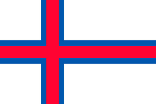 The Faroe Islands, the Faeroes flag, blue-fimbriated red Nordic cross on a white field, national flag and civil ensign. Vector flat style illustration