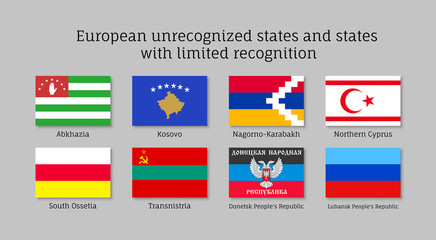 European unrecognized and with unlimited recognition states waving realistic flags, Abkhazia, Kosovo, Nogorno Karabakh, Northern Cyprus, South Ossetia, Transnistria, Donetsk, Luhansk people's republic