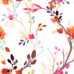 Vintage Seamless pattern: flower, leaf, branch, isolated on background. Imitation of watercolor. Hand drawn vector illustration, separated editable elements.