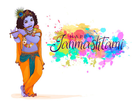 Happy Janmashtami Indian fest decoration background. Celebration of birth of Lord Krishna. Template for flyer, logo, banner, greeting cards. Hand drawn Vector illustration of Dahi Handi on Janmashtami