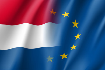 Symbol of Netherlands is EU member. European Union sign with twelve gold stars on blue and Netherlands national flag. Vector isolated icon