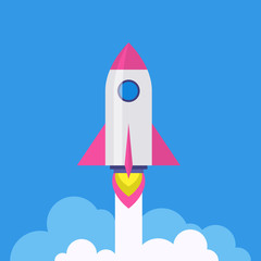 Rocket start sign. Flat internet icon with long shadow in cartoon style. Web and mobile design element. Rocketship - startup launch symbol. Vector colored illustration.
