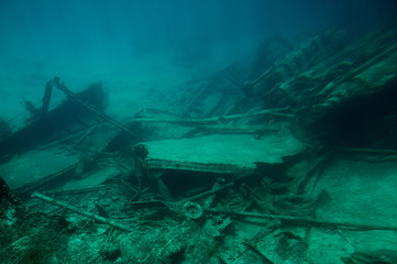 Sunk wreckship on sea bottom