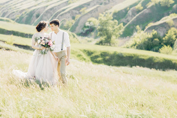 wedding couple on  nature.  bride and groom hugging at  wedding. 