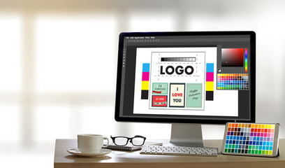 Creative Designer Graphic at work. Color swatch samples, Illustrator Graphic designer working digital tablet and computer