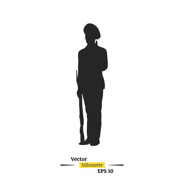 Dark silhouette of a soldier with a rifle on a white background. A soldier stands on a post. Flat vector illustration EPS 10
