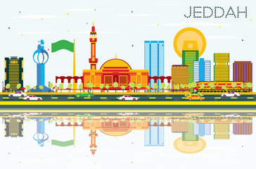 Jeddah Skyline with Color Buildings, Blue Sky and Reflections.