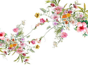 watercolor painting of leaves and flower, on white background