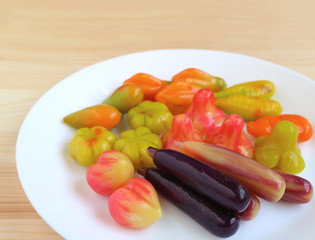 The Eatable Art, Called Kanom-Look-Choup, Thai Traditional Mung Beans Marzipan Sweets Served on White Plate 