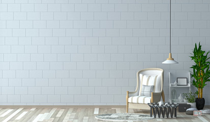 White armchair in the living room 3D Rendering, Simple interior decoration with plant and lamp in front of clean walls.