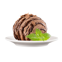 Ice cream brown scoop decorated mint leaves and chocolate sauce on plate, isolated on white background.