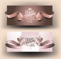 Grand opening beige banners with curly cut ribbons. Vector illustration