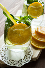 Homemade carbonated lemonade with orange and mint. Selective focus.
