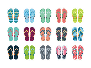 Summer flip flops set isolated on white background. Flip flops with different designs drawn in flat style - obrazy, fototapety, plakaty