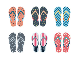 Summer flip flops set isolated on white background. Flip flops with different designs drawn in flat style