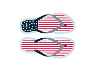 Flip flops written in a flat style with branding the American flag. Summer shoes flip flops products for tourists