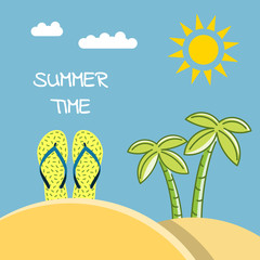 Banner summer time with a picture of a beach slap, flip flops and a place for a label. Illustration of a beach holiday
