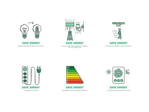 Vector posters save energy during everyday use of the home. Set of banners concept-saving energy consumption.