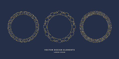 Set of modern geometric circular frames for text of gold glitter on a dark background. Vector illustration