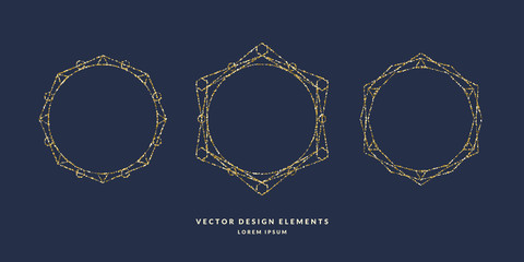 Set of modern geometric circular frames for text of gold glitter on a dark background. Vector illustration