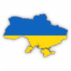 Ukraine Map Outline with Ukrainian Flag on White with Shadows 3D Illustration