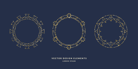 Set of modern geometric circular frames for text of gold glitter on a dark background. Vector illustration