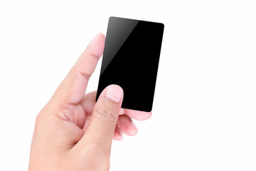 Hand holding blank card, isolated on a white background