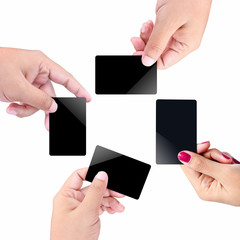 Hands holding blank card, isolated on a white background