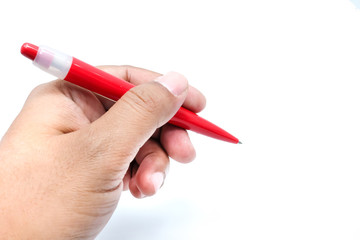 Red Pen in hand, isolated on a white background