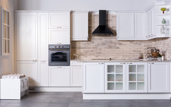 Interior Of Empty Apartment, Wide Room With Domestic Kitchen