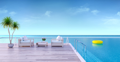 Fototapeta na wymiar Vacation time , Wood sofa on Sunbathing deck and private swimming pool with panoramic sea view at luxury villa/3d rendering