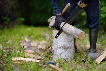 The carpenter saws a log the hand saw on a stub