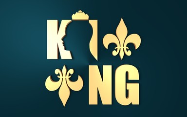 King logo. Royal luxury emblem. Face and crown icon. Business fantasy golden badge with King word. 3D rendering