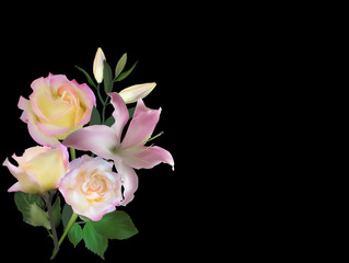 cream lily and three roses on black background