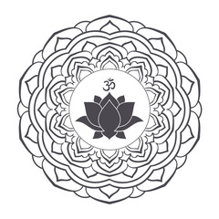 Om symbol with hand drawn mandala and Lotus. Set of oriental ornaments for greeting card, invitation, yoga poster, coloring book.
