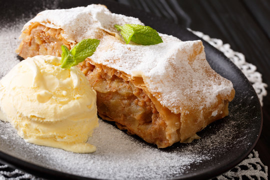 Apple strudel sprinkled with powdered sugar with ice cream and mint closeup. horizontal