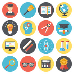 Set of colorful flat school and education icons.