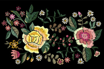 Embroidery folk pattern with roses and chamomiles. Vector embroidered floral flowers for clothing design.