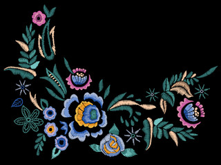Embroidery folk neck line pattern with blue roses.