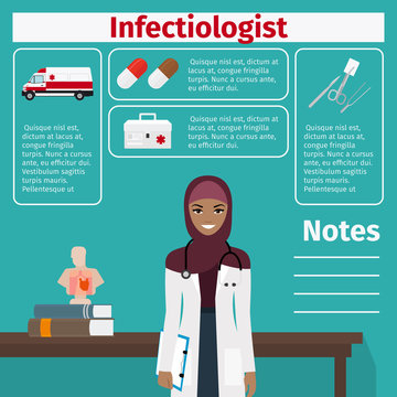Female infectiologist and medical equipment icons