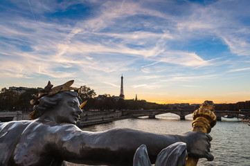 Great sunset view over the Seine river in Paris, France